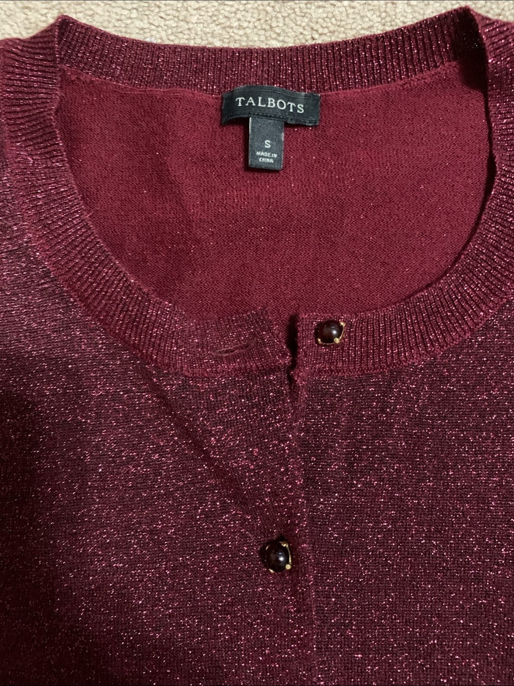 Talbots Burgundy Metallic-Thread Button Cardigan - Picture 2 of 3